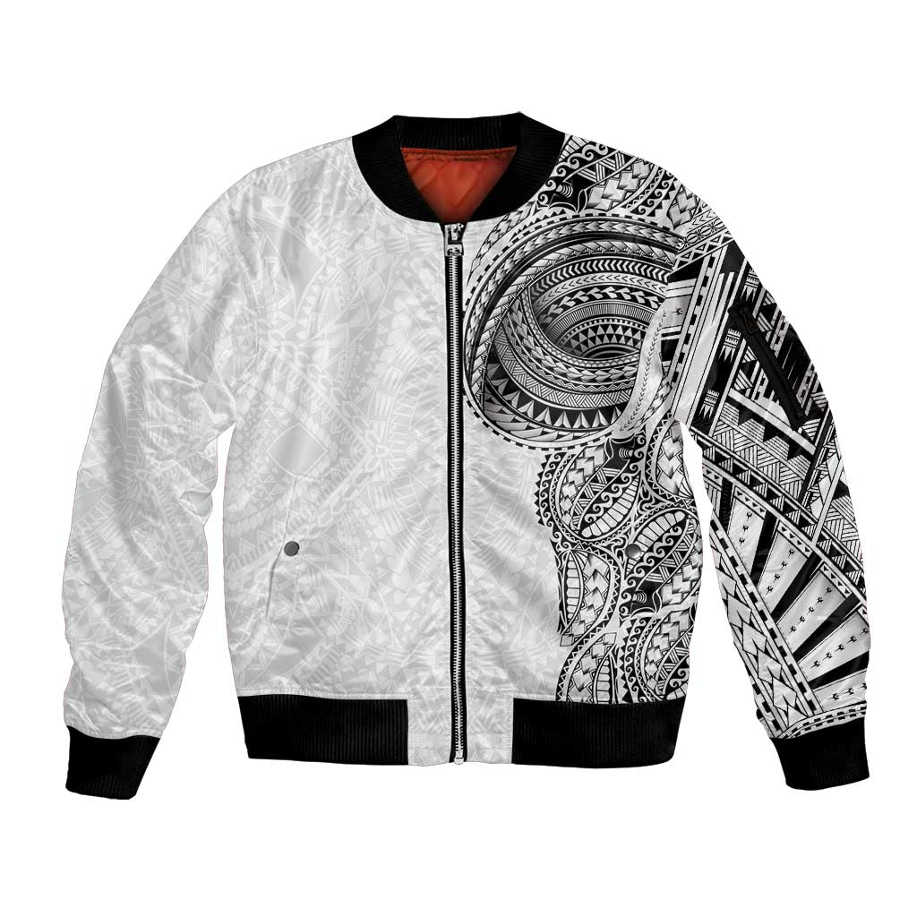 Traditional Polynesian Art Tattoos Sleeve Zip Bomber Jacket White Color - Polynesian Pride
