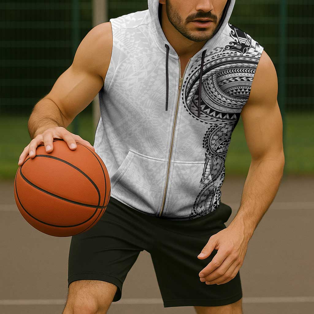Traditional Polynesian Art Tattoos Sleeveless Zip Hoodie White Color - Polynesian Pride