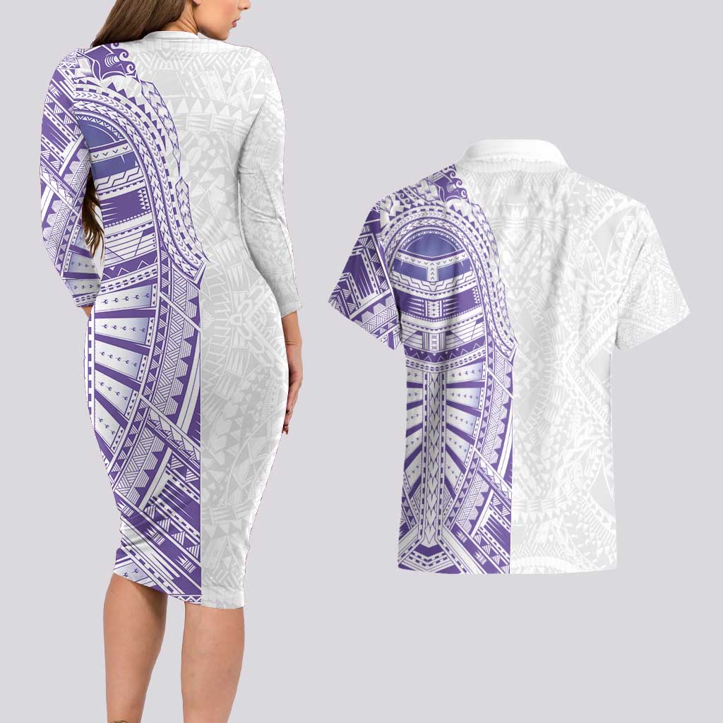 Traditional Polynesian Art Tattoos Couples Matching Long Sleeve Bodycon Dress and Hawaiian Shirt Purple Color - Polynesian Pride