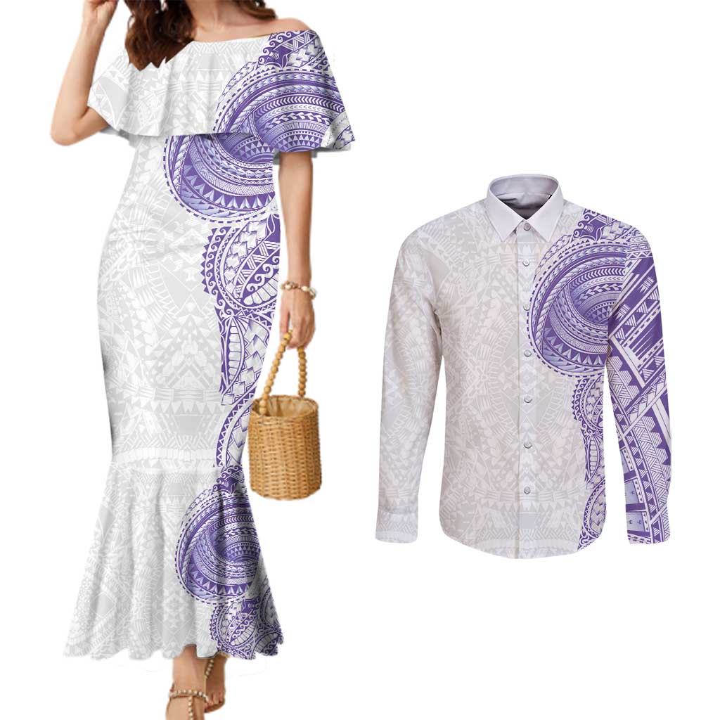 Traditional Polynesian Art Tattoos Couples Matching Mermaid Dress and Long Sleeve Button Shirt Purple Color LT03 Purple - Polynesian Pride