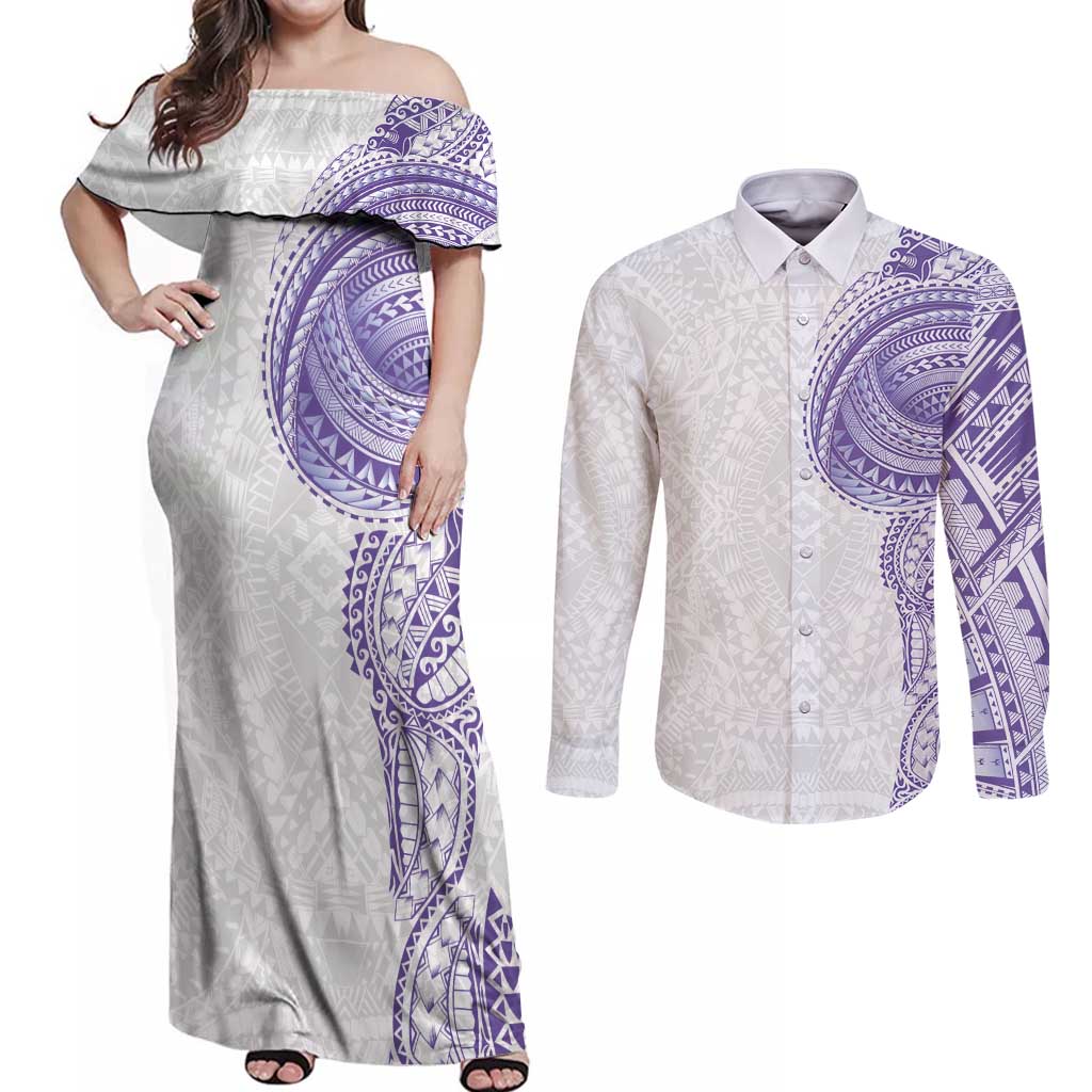Traditional Polynesian Art Tattoos Couples Matching Off Shoulder Maxi Dress and Long Sleeve Button Shirt Purple Color LT03 Purple - Polynesian Pride
