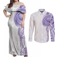 Traditional Polynesian Art Tattoos Couples Matching Off Shoulder Maxi Dress and Long Sleeve Button Shirt Purple Color LT03 Purple - Polynesian Pride