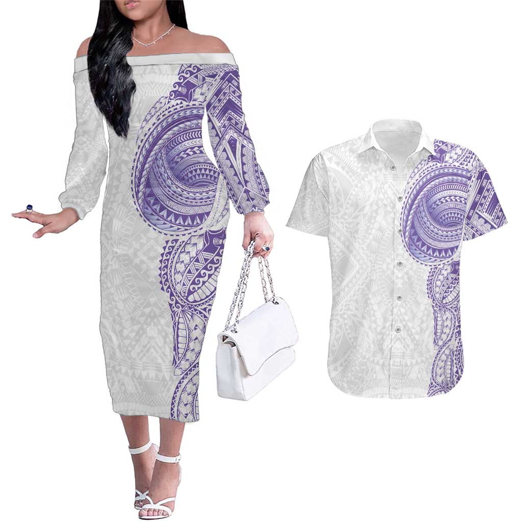 Traditional Polynesian Art Tattoos Couples Matching Off The Shoulder Long Sleeve Dress and Hawaiian Shirt Purple Color - Polynesian Pride