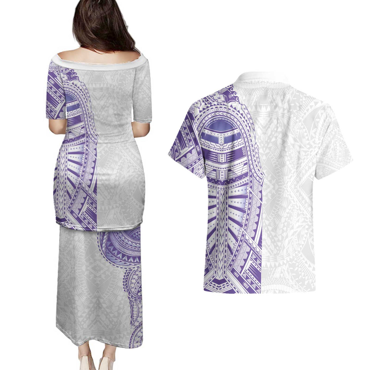 Traditional Polynesian Art Tattoos Couples Matching Puletasi and Hawaiian Shirt Purple Color LT03 - Polynesian Pride
