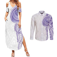 Traditional Polynesian Art Tattoos Couples Matching Summer Maxi Dress and Long Sleeve Button Shirt Purple Color LT03 Purple - Polynesian Pride