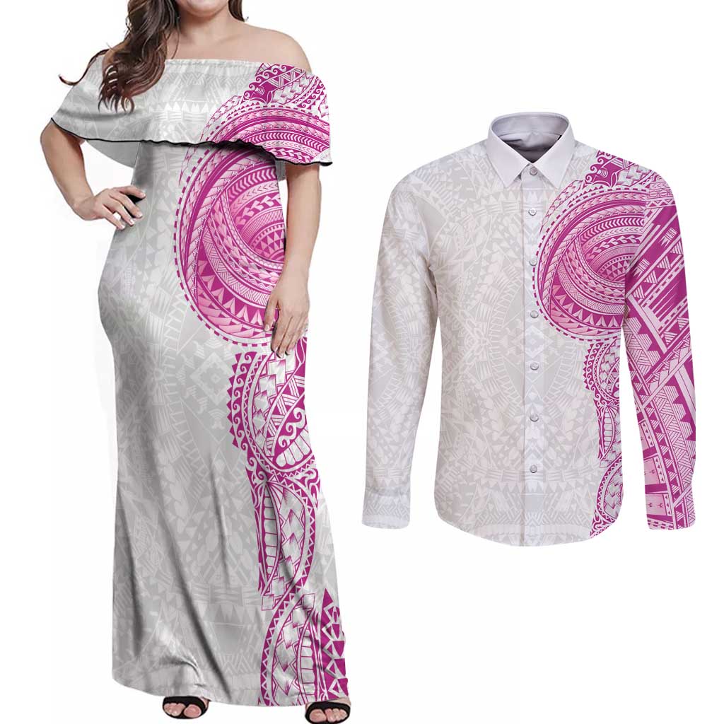 Traditional Polynesian Art Tattoos Couples Matching Off Shoulder Maxi Dress and Long Sleeve Button Shirt Pink Color LT03 Pink - Polynesian Pride