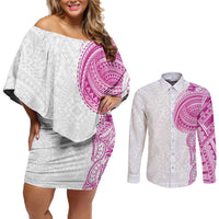 Traditional Polynesian Art Tattoos Couples Matching Off Shoulder Short Dress and Long Sleeve Button Shirt Pink Color LT03 Pink - Polynesian Pride