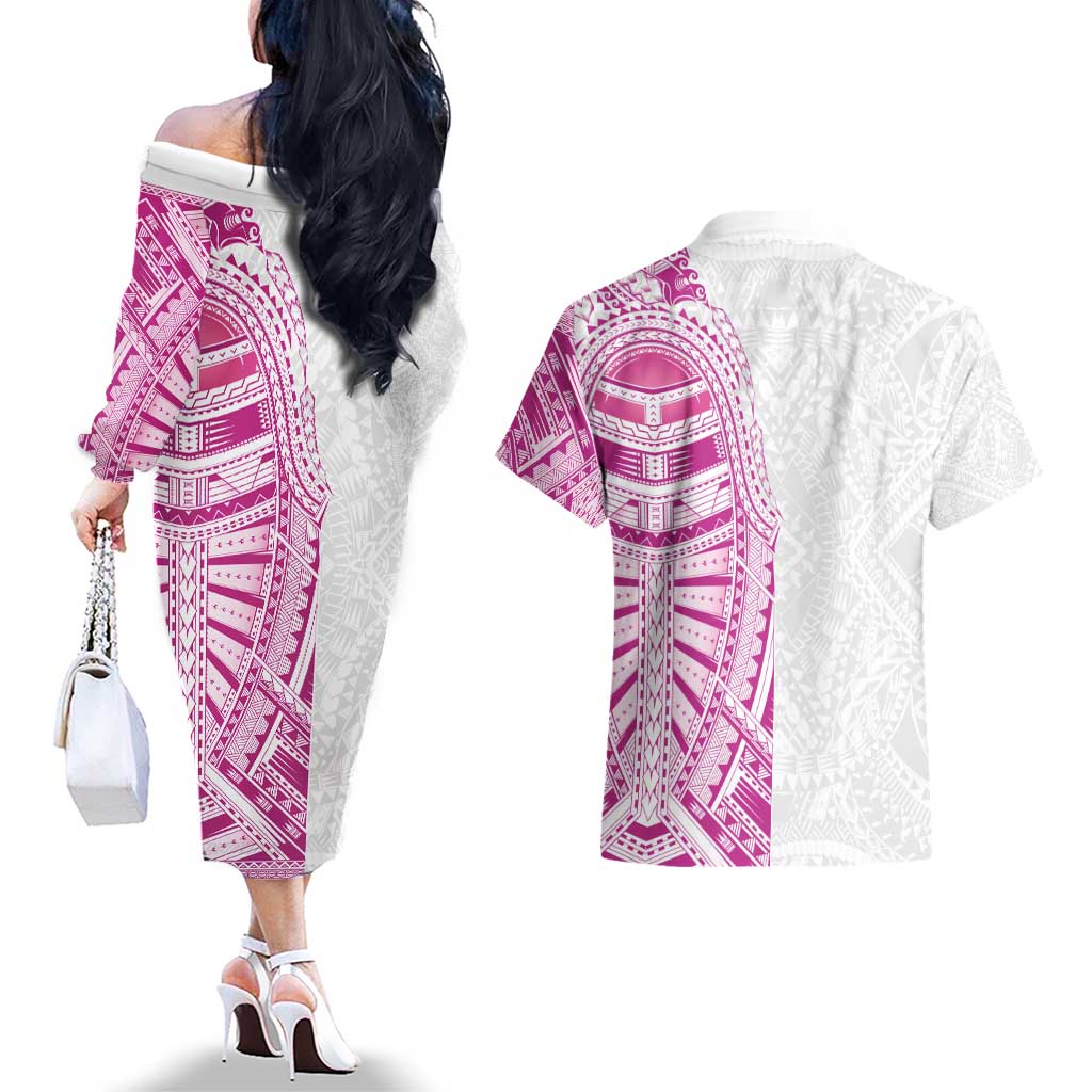 Traditional Polynesian Art Tattoos Couples Matching Off The Shoulder Long Sleeve Dress and Hawaiian Shirt Pink Color - Polynesian Pride