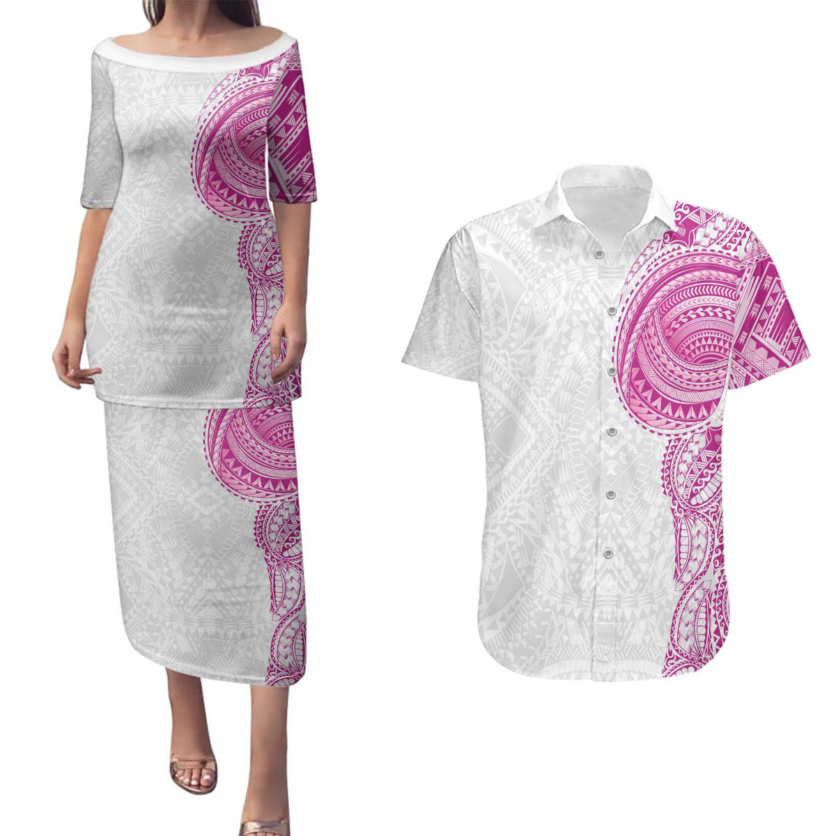 Traditional Polynesian Art Tattoos Couples Matching Puletasi and Hawaiian Shirt Pink Color LT03 Pink - Polynesian Pride