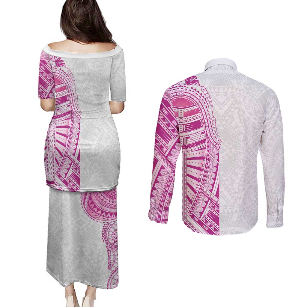 Traditional Polynesian Art Tattoos Couples Matching Puletasi and Long Sleeve Button Shirt Pink Color LT03 - Polynesian Pride