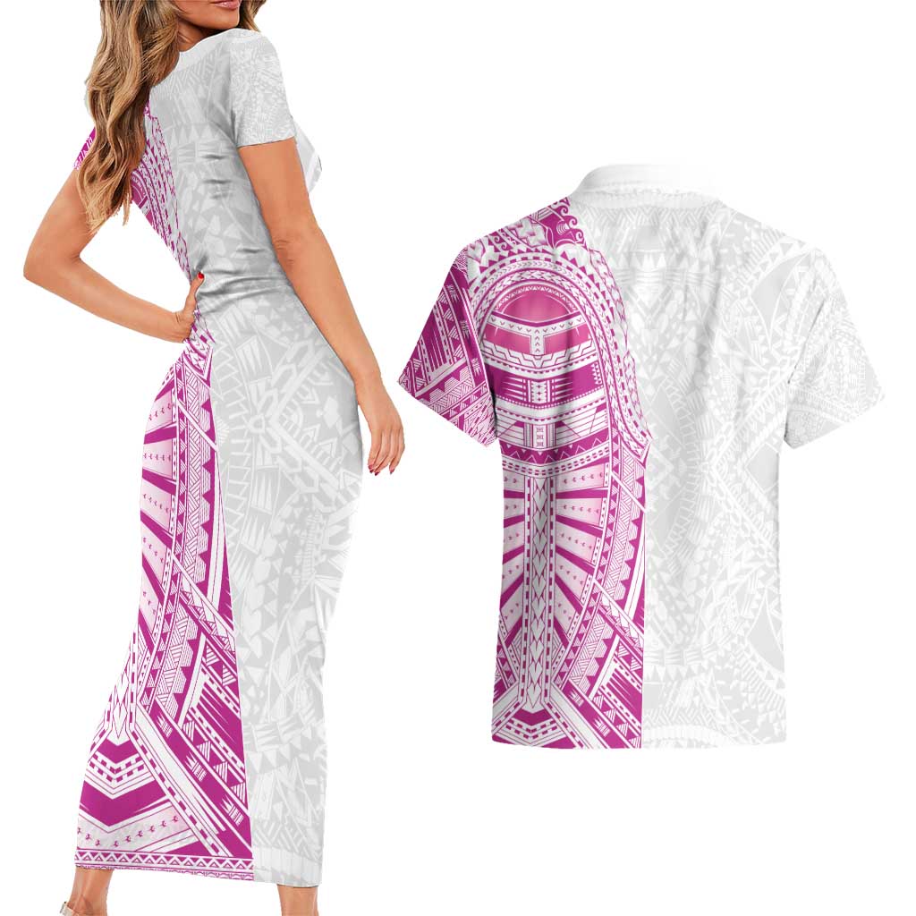 Traditional Polynesian Art Tattoos Couples Matching Short Sleeve Bodycon Dress and Hawaiian Shirt Pink Color - Polynesian Pride