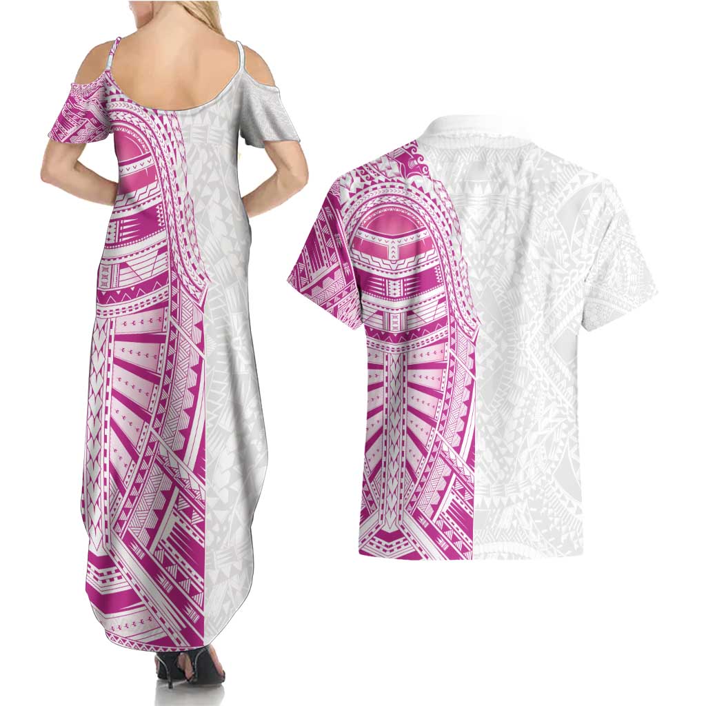 Traditional Polynesian Art Tattoos Couples Matching Summer Maxi Dress and Hawaiian Shirt Pink Color - Polynesian Pride