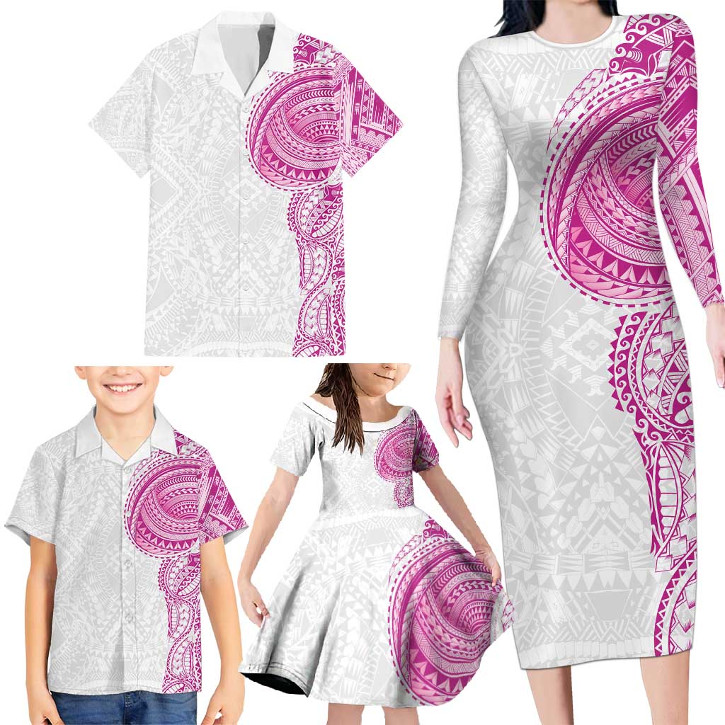 Traditional Polynesian Art Tattoos Family Matching Long Sleeve Bodycon Dress and Hawaiian Shirt Pink Color - Polynesian Pride