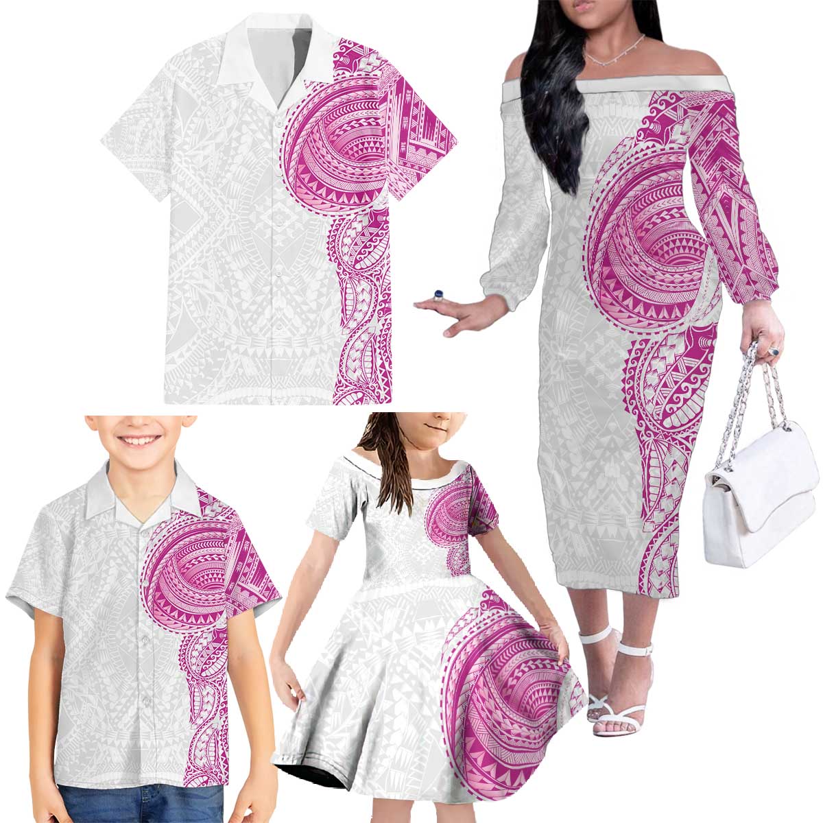 Traditional Polynesian Art Tattoos Family Matching Off The Shoulder Long Sleeve Dress and Hawaiian Shirt Pink Color - Polynesian Pride