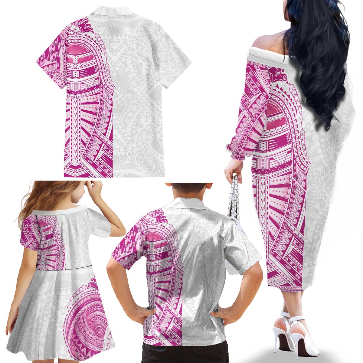 Traditional Polynesian Art Tattoos Family Matching Off The Shoulder Long Sleeve Dress and Hawaiian Shirt Pink Color - Polynesian Pride