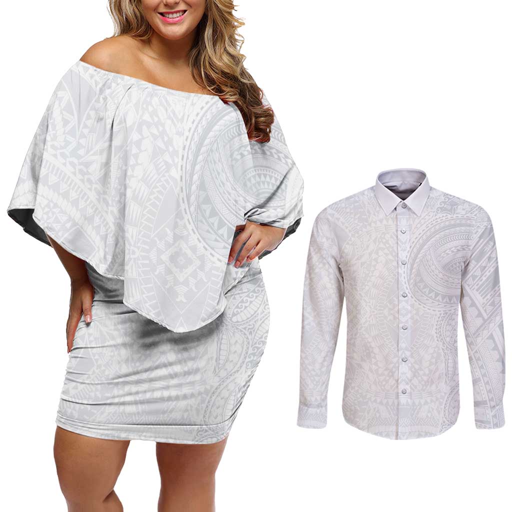 Lotu Tamaiti Couples Matching Off Shoulder Short Dress and Long Sleeve Button Shirt Traditional Samoan Art Tattoos LT03 White - Polynesian Pride