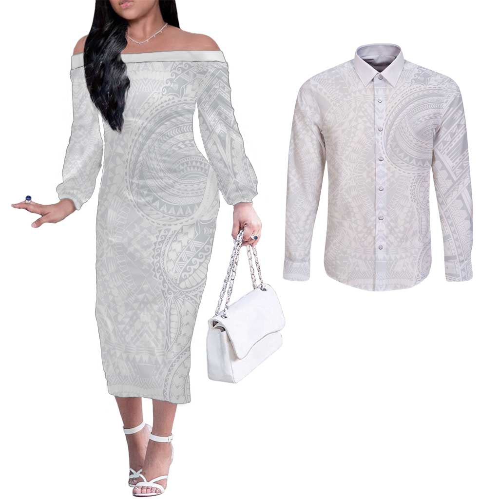 Lotu Tamaiti Couples Matching Off The Shoulder Long Sleeve Dress and Long Sleeve Button Shirt Traditional Samoan Art Tattoos - Polynesian Pride