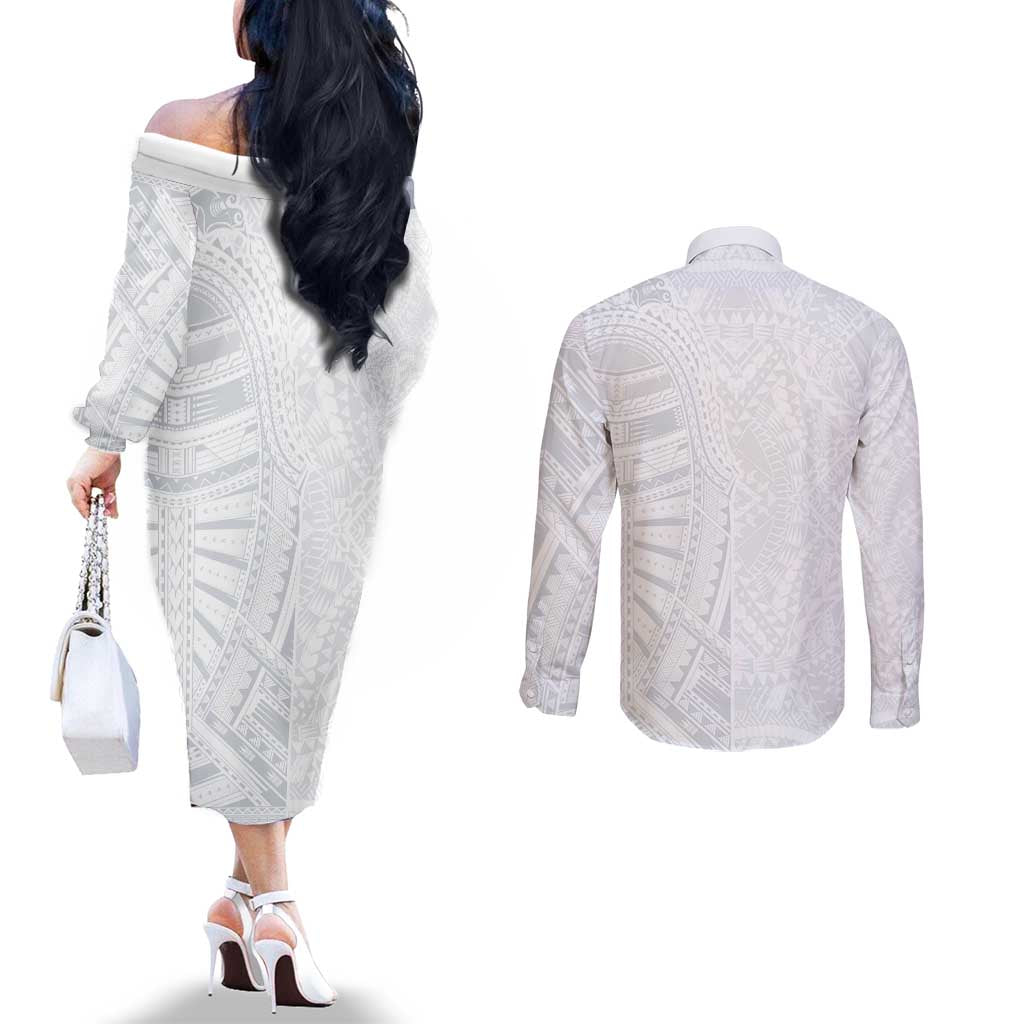 Lotu Tamaiti Couples Matching Off The Shoulder Long Sleeve Dress and Long Sleeve Button Shirt Traditional Samoan Art Tattoos - Polynesian Pride