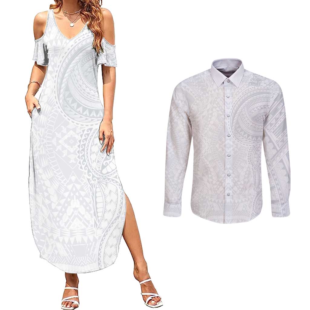 Lotu Tamaiti Couples Matching Summer Maxi Dress and Long Sleeve Button Shirt Traditional Samoan Art Tattoos LT03 White - Polynesian Pride