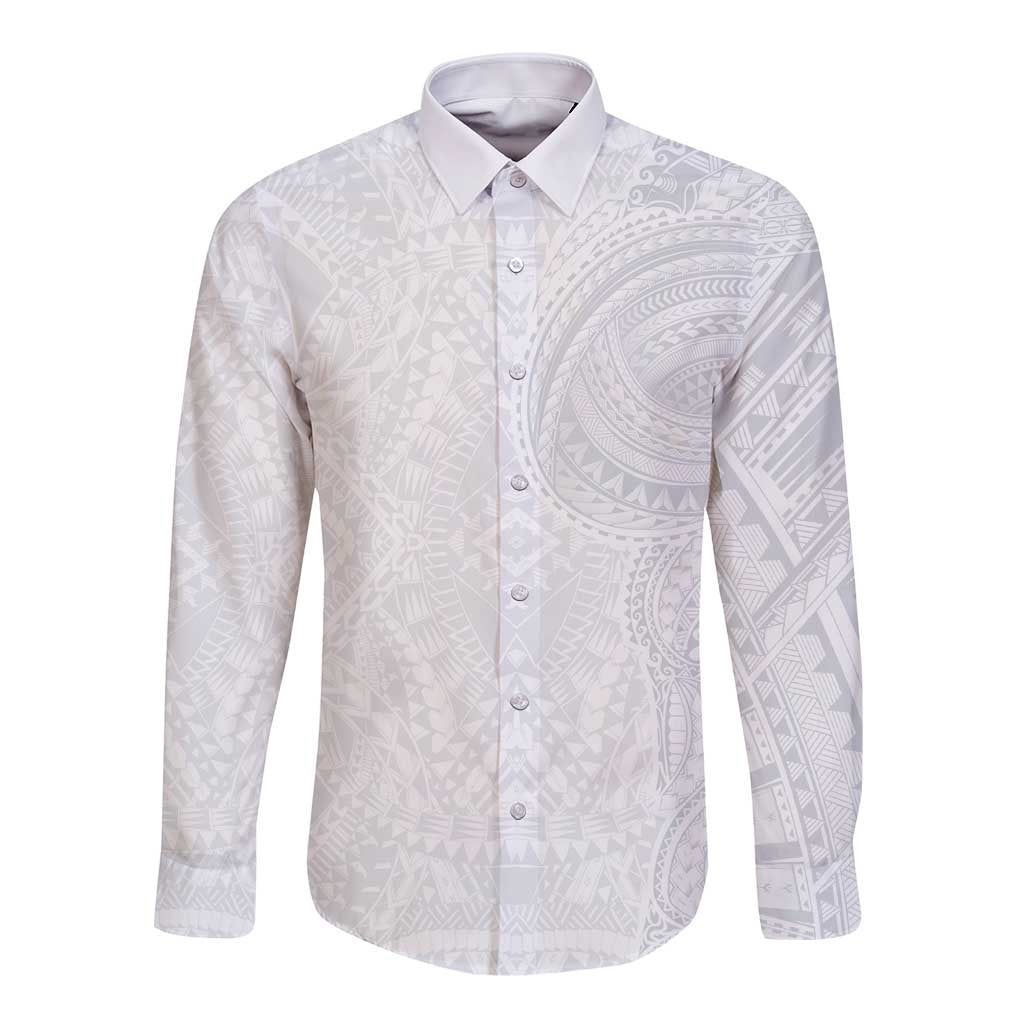 Lotu Tamaiti Long Sleeve Button Shirt Traditional Samoan Art Tattoos LT03 Unisex White - Polynesian Pride