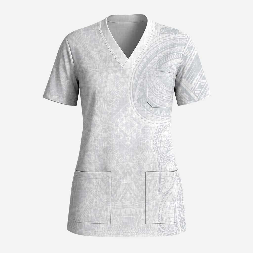 Lotu Tamaiti Scrub Top Traditional Samoan Art Tattoos LT03 Adult White - Polynesian Pride