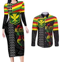 Kanaka Maoli Running Couples Matching Long Sleeve Bodycon Dress and Long Sleeve Button Shirt Kakau Pattern with Kanaka Maoli Flag Color