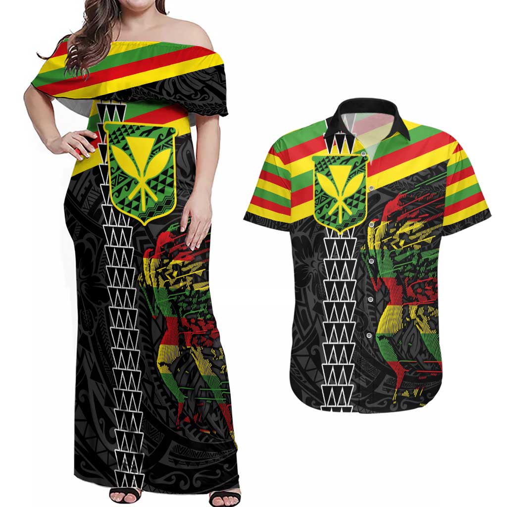 Kanaka Maoli Running Couples Matching Off Shoulder Maxi Dress and Hawaiian Shirt Kakau Pattern with Kanaka Maoli Flag Color