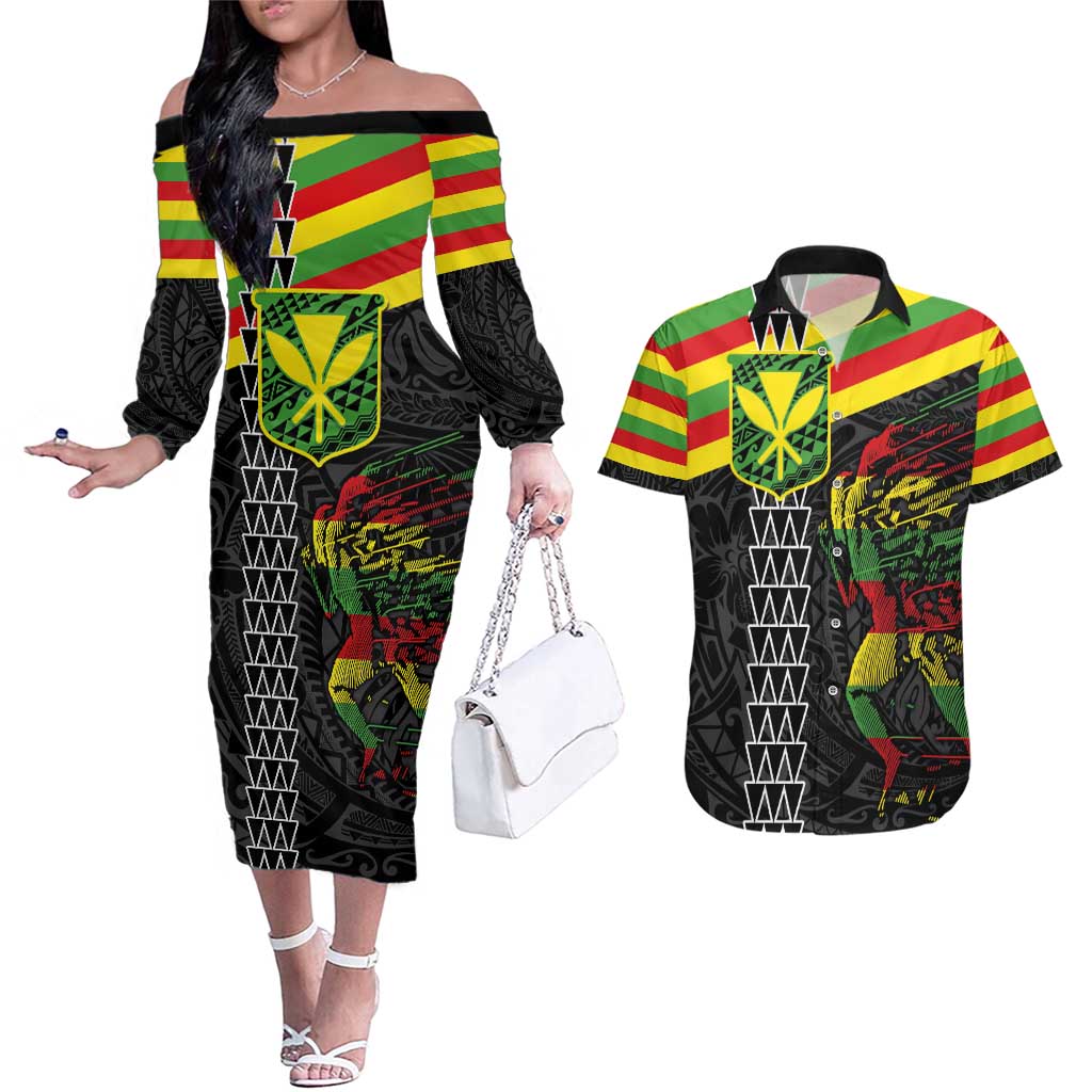 Kanaka Maoli Running Couples Matching Off The Shoulder Long Sleeve Dress and Hawaiian Shirt Kakau Pattern with Kanaka Maoli Flag Color