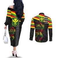 Kanaka Maoli Running Couples Matching Off The Shoulder Long Sleeve Dress and Long Sleeve Button Shirt Kakau Pattern with Kanaka Maoli Flag Color