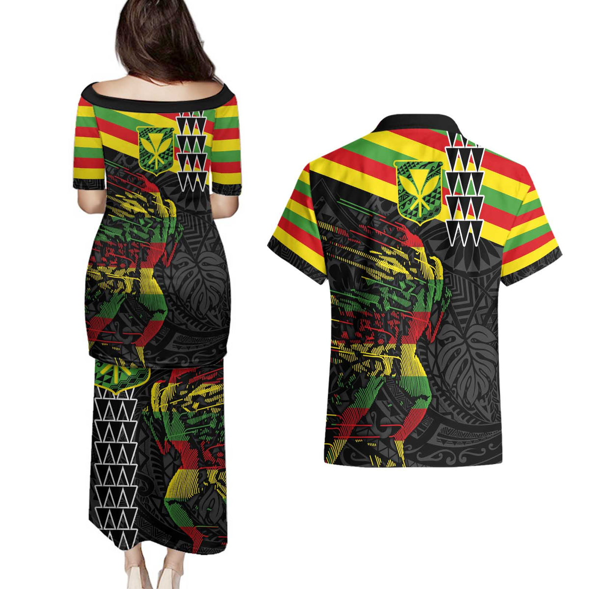 Kanaka Maoli Running Couples Matching Puletasi and Hawaiian Shirt Kakau Pattern with Kanaka Maoli Flag Color