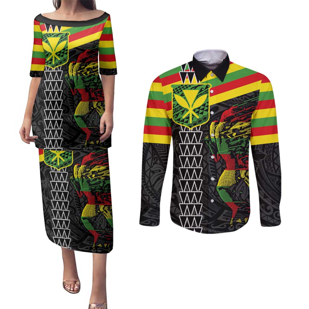Kanaka Maoli Running Couples Matching Puletasi and Long Sleeve Button Shirt Kakau Pattern with Kanaka Maoli Flag Color