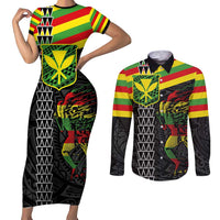 Kanaka Maoli Running Couples Matching Short Sleeve Bodycon Dress and Long Sleeve Button Shirt Kakau Pattern with Kanaka Maoli Flag Color