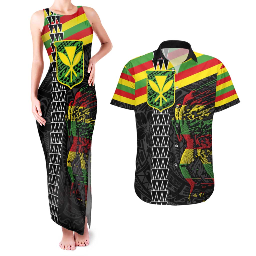 Kanaka Maoli Running Couples Matching Tank Maxi Dress and Hawaiian Shirt Kakau Pattern with Kanaka Maoli Flag Color