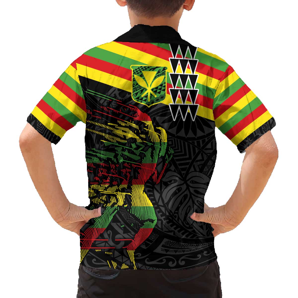 Kanaka Maoli Running Family Matching Off The Shoulder Long Sleeve Dress and Hawaiian Shirt Kakau Pattern with Kanaka Maoli Flag Color