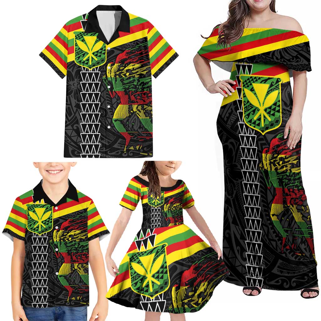 Kanaka Maoli Running Family Matching Off Shoulder Maxi Dress and Hawaiian Shirt Kakau Pattern with Kanaka Maoli Flag Color