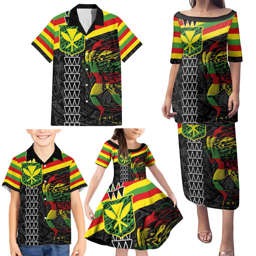 Kanaka Maoli Running Family Matching Puletasi and Hawaiian Shirt Kakau Pattern with Kanaka Maoli Flag Color