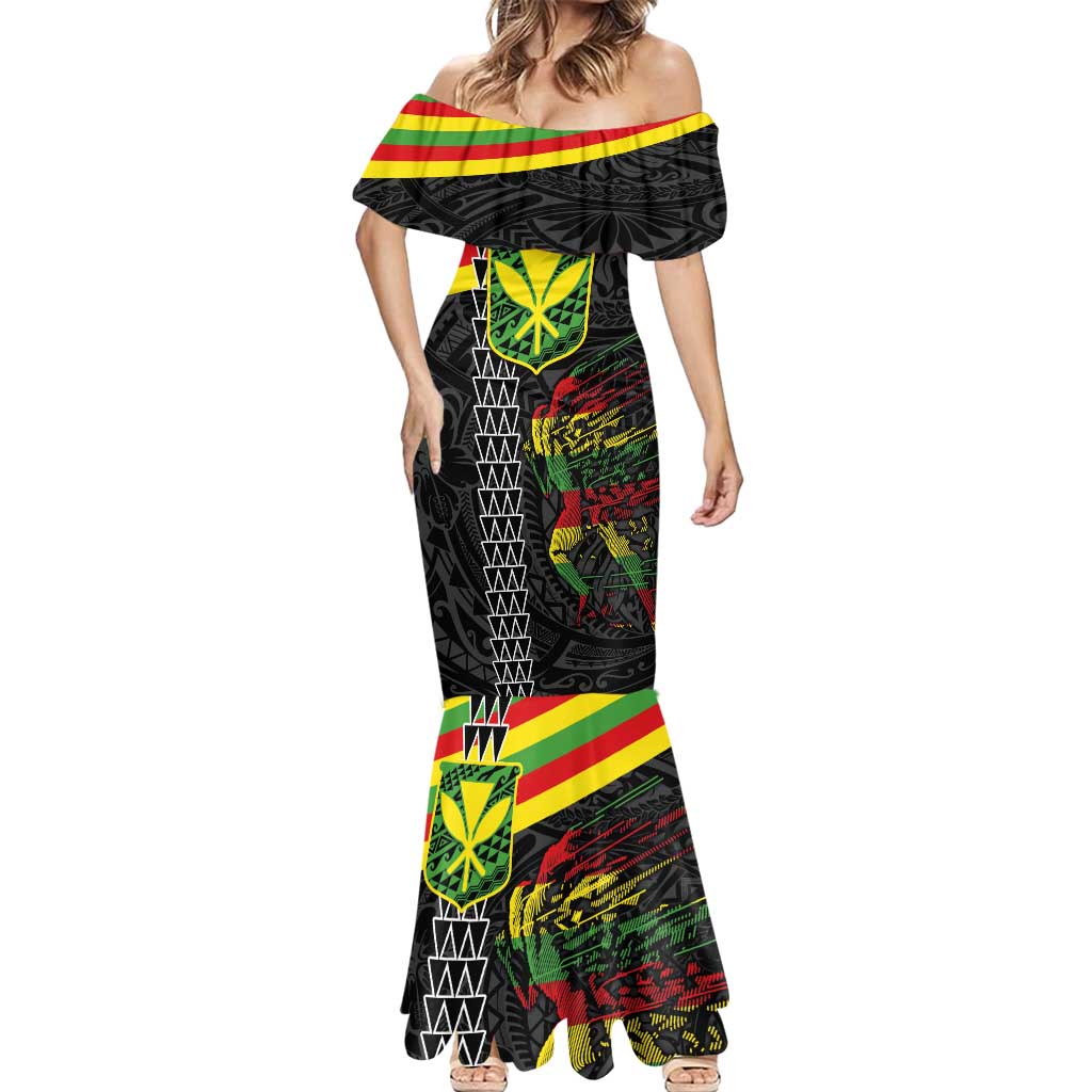 Kanaka Maoli Running Mermaid Dress Kakau Pattern with Kanaka Maoli Flag Color