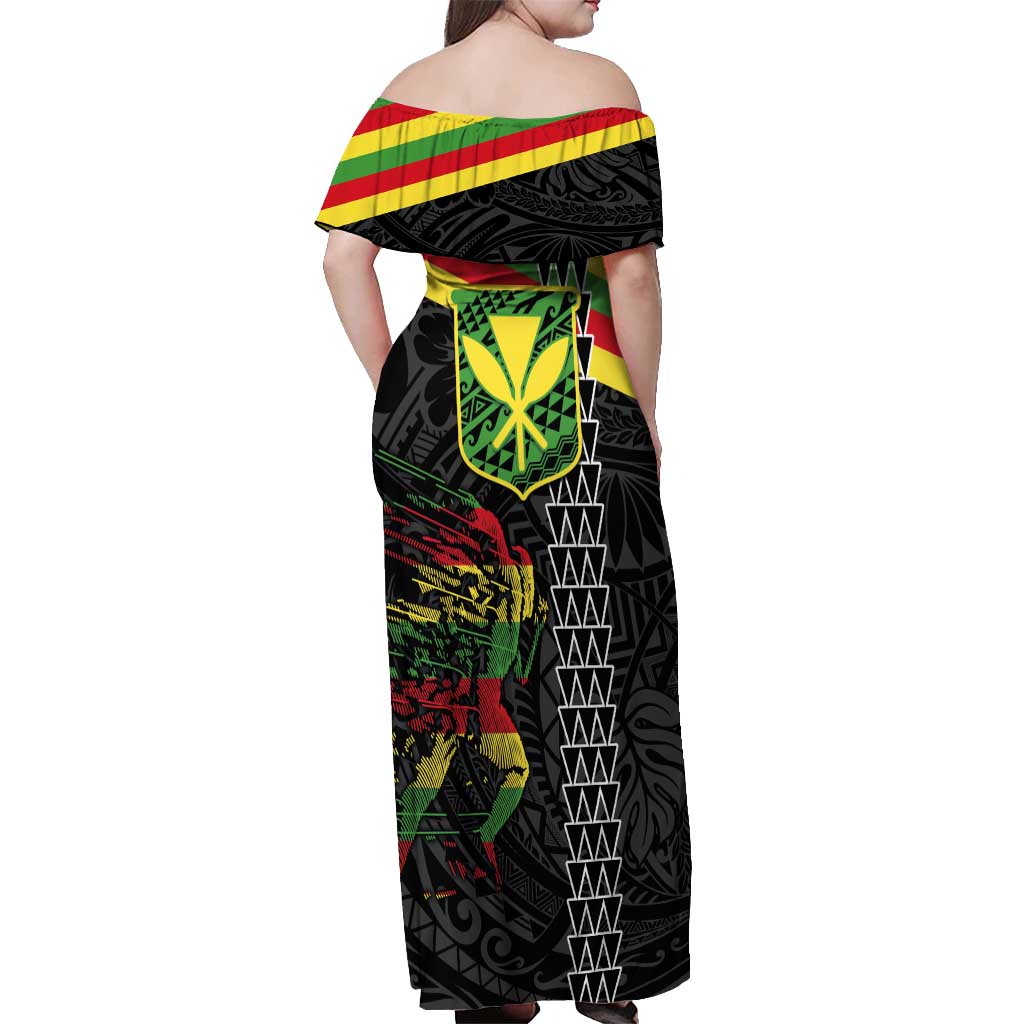 Kanaka Maoli Running Off Shoulder Maxi Dress Kakau Pattern with Kanaka Maoli Flag Color
