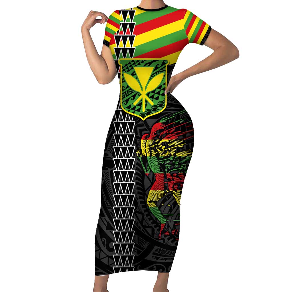 Kanaka Maoli Running Short Sleeve Bodycon Dress Kakau Pattern with Kanaka Maoli Flag Color