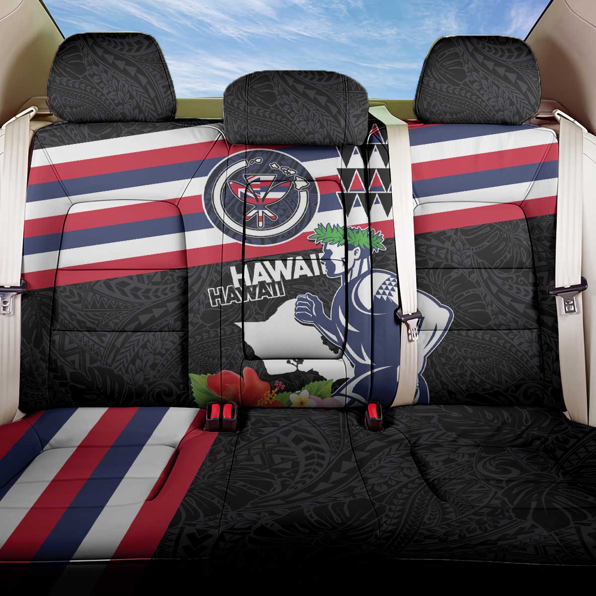 Honolulu Running Race Back Car Seat Cover Hawaii Marathon Kakau Art with Hibiscus and National Flag Style