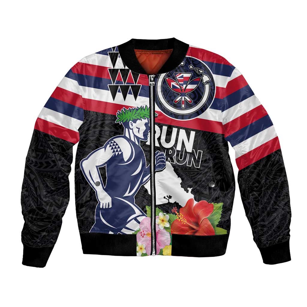 Honolulu Running Race Bomber Jacket Hawaii Marathon Kakau Art with Hibiscus and National Flag Style