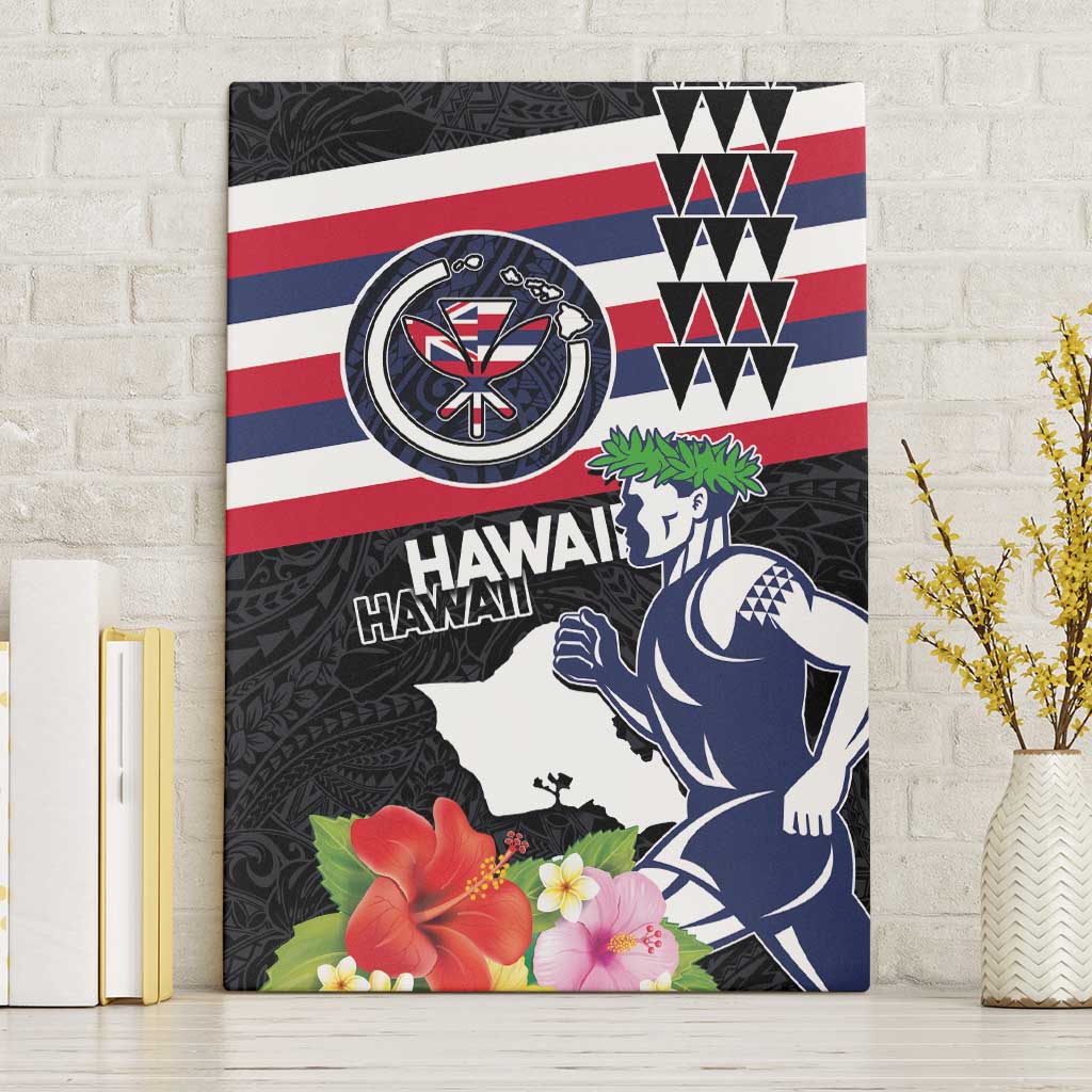 Honolulu Running Race Canvas Wall Art Hawaii Marathon Kakau Art with Hibiscus and National Flag Style