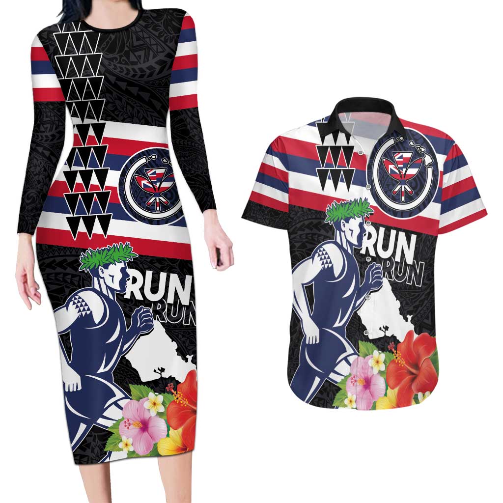 Honolulu Running Race Couples Matching Long Sleeve Bodycon Dress and Hawaiian Shirt Hawaii Marathon Kakau Art with Hibiscus and National Flag Style