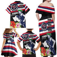 Honolulu Running Race Family Matching Off Shoulder Maxi Dress and Hawaiian Shirt Hawaii Marathon Kakau Art with Hibiscus and National Flag Style