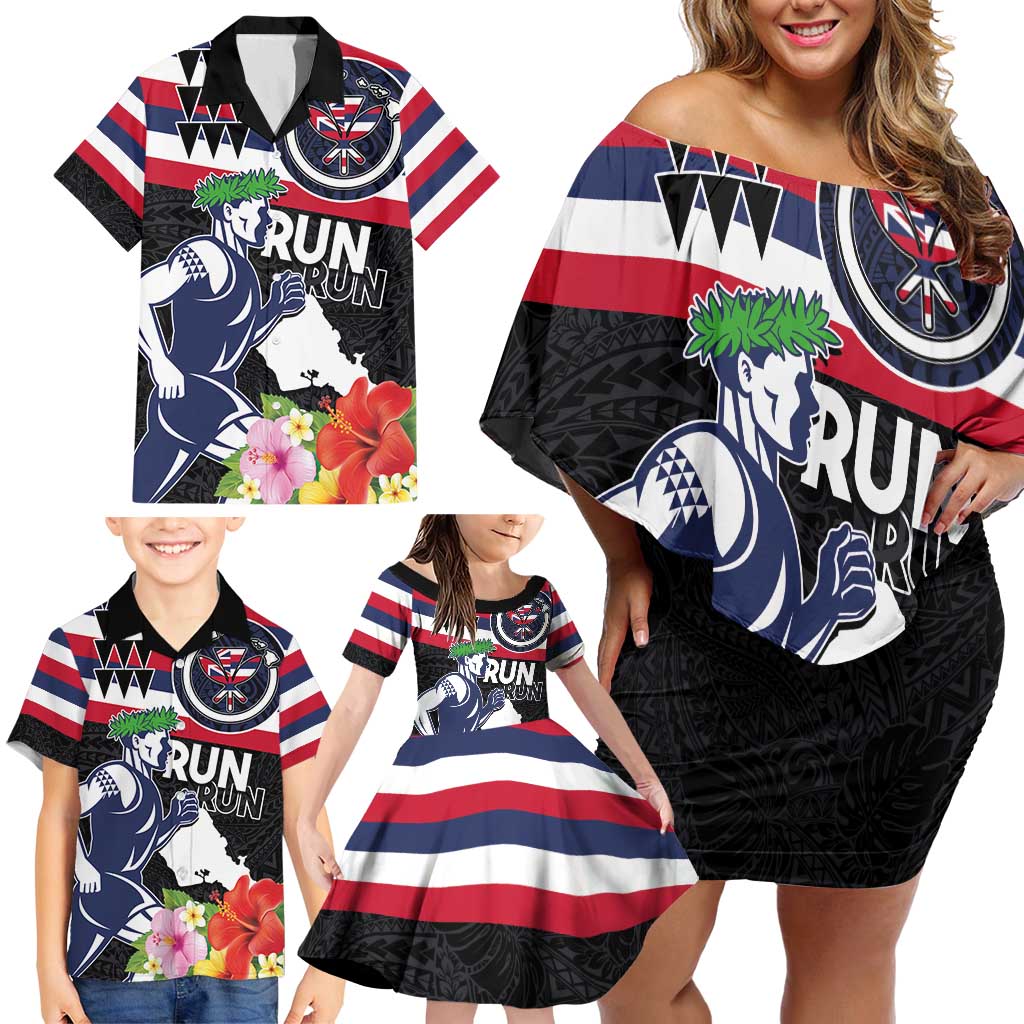 Honolulu Running Race Family Matching Off Shoulder Short Dress and Hawaiian Shirt Hawaii Marathon Kakau Art with Hibiscus and National Flag Style