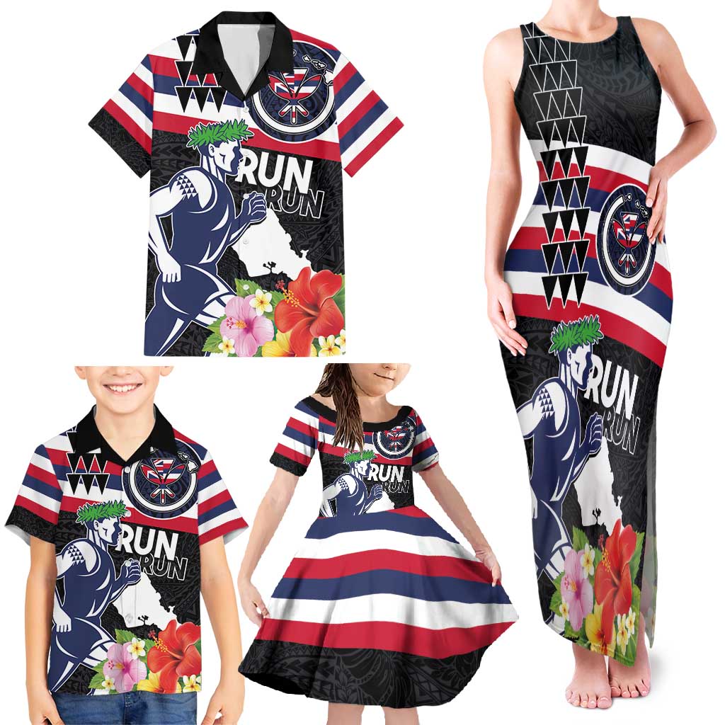 Honolulu Running Race Family Matching Tank Maxi Dress and Hawaiian Shirt Hawaii Marathon Kakau Art with Hibiscus and National Flag Style