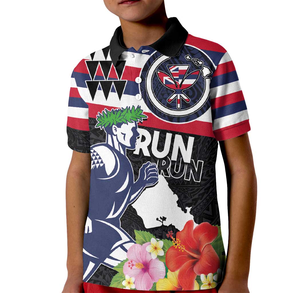 Honolulu Running Race Kid Polo Shirt Hawaii Marathon Kakau Art with Hibiscus and National Flag Style