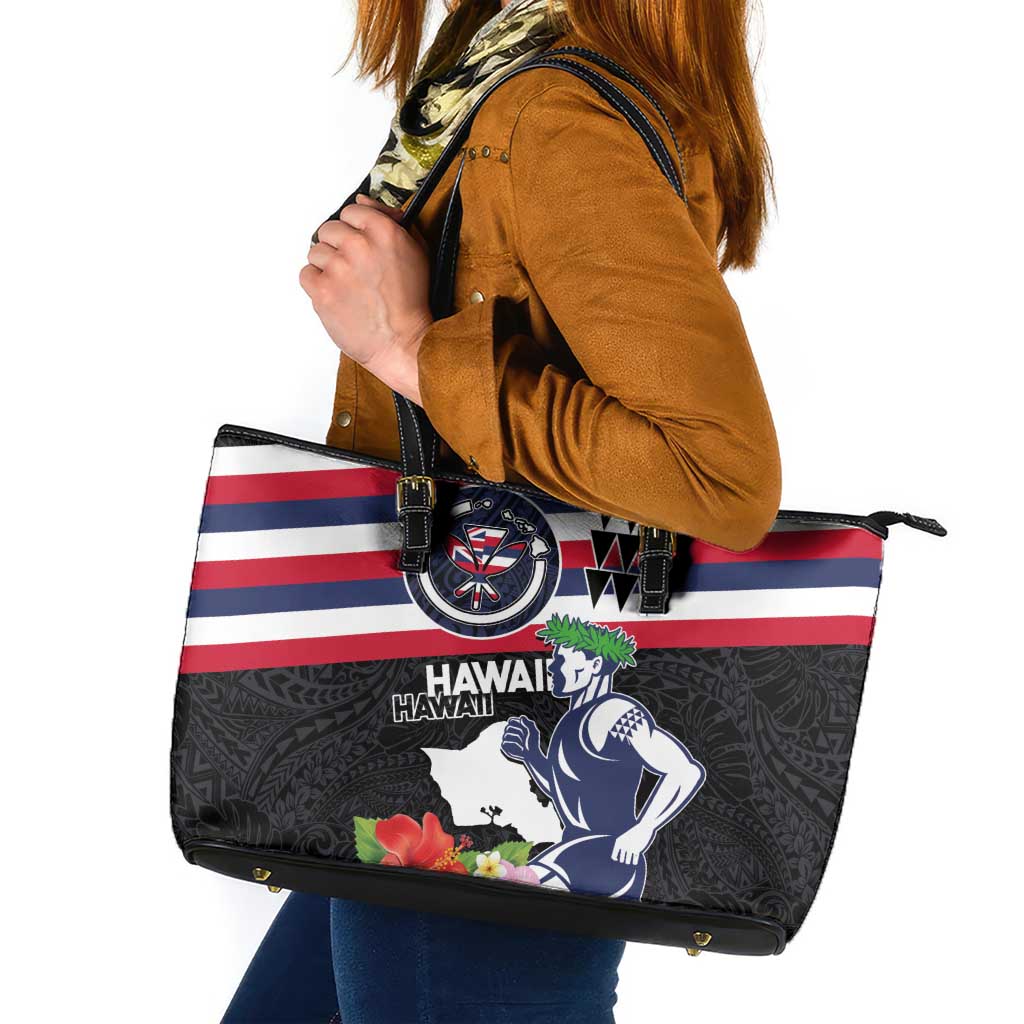 Honolulu Running Race Leather Tote Bag Hawaii Marathon Kakau Art with Hibiscus and National Flag Style