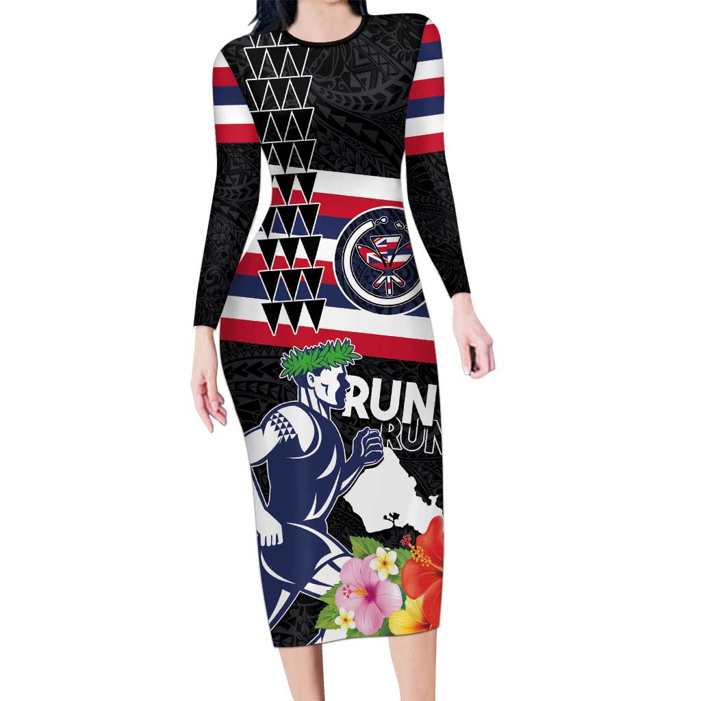 Honolulu Running Race Long Sleeve Bodycon Dress Hawaii Marathon Kakau Art with Hibiscus and National Flag Style