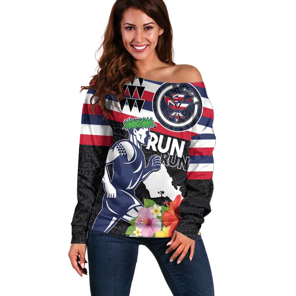 Honolulu Running Race Off Shoulder Sweater Hawaii Marathon Kakau Art with Hibiscus and National Flag Style